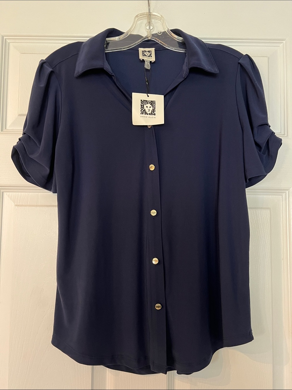 Anne Klein Navy Short Sleeve Button Front Top with Gold Buttons